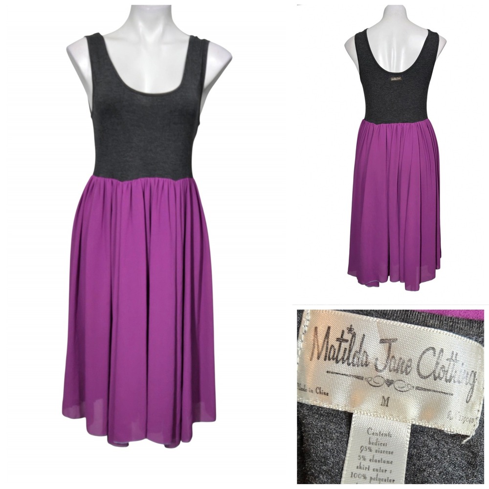 Matilda Jane Womens Gray Purple Mixed Media Pleated Midi Dress Size M casual